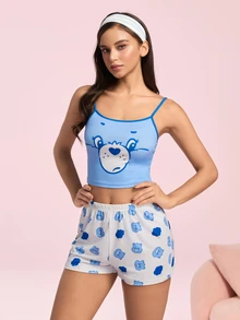 SHEIN X Care Bears 女款字母卡通印花細肩帶上衣與短褲休閒居家睡衣套裝 - 藍色 - 查看 5
