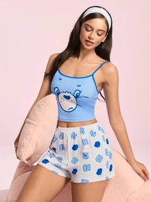 SHEIN X Care Bears 女款字母卡通印花細肩帶上衣與短褲休閒居家睡衣套裝 - 藍色 - 查看 3