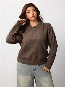 Enliva Plus-Size Women's Brown Polo Collar Fashion Casual Knit Top Apple,Rounded Body - Brown - View 3