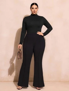 SHEIN SXY 大尺碼純色修身高領長袖百搭棉質T恤，適合秋季、職場、正式場合與晚宴派對，黑色，極簡休閒，優雅知性 - 黑色 - 查看 5
