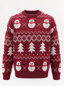 Manfinity Homme 男士聖誕雪人圖案圓領長袖休閒毛衣 - 紅色 - 查看 4