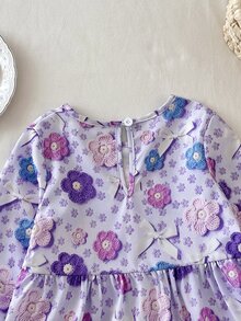 SHEIN Girls Long Sleeve Ditsy Floral Dress Spring Autumn Style 3D Colorful Flower Bow Princess Cake Dress - Purple - View 10