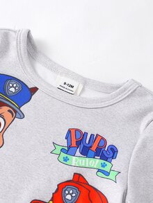 SHEIN | PAW Patrol GraphicGems 2件組男嬰時尚卡通家庭成員元素印花舒適圓領長袖上衣與卡通小狗印花長褲，高彈性針織面料修身舒適套裝，適合居家、外出，百搭 - 灰色 - 查看 3