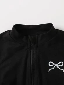 SHEIN 女童黑色針織運動服套裝 2件組 蝴蝶結印花 柔軟舒適 休閒百搭 - 黑色 - 查看 4