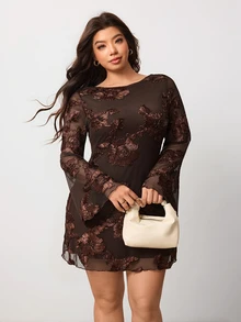 Enliva Plus Size Brown Floral Bodycon Mini Dress With Open Back For Hourglass Body - Brown - View 7
