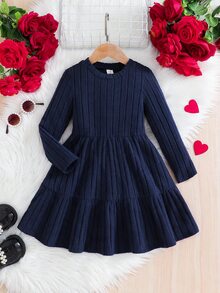 SHEIN 女童紅色條紋天鵝絨A字冬季洋裝，優雅長袖仙女風洋裝，適合秋季生日派對、聖誕節與搭配穿著 - 藍色 - 查看 2