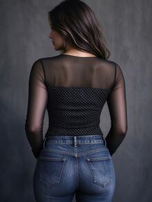 Linhara CURVE Plus Size Women's Patchwork Polka Dot Print Mesh Long Sleeve Fashion Top - Black - View 2