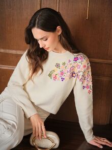 Anewsta Gentle Mori Style Heavy Embroidery Colorful Floral Knit Sweater, Cream Apricot Round Neck Loose Fit Slimming Long Sleeve Pullover - Apricot - View 7