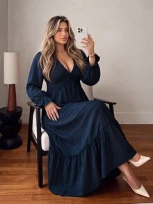 Vionelle Plus Size Women's Casual Woven Textured Solid Color Ruffle Waist Long Dress - Navy Blue - View 1