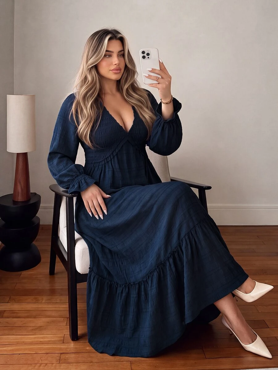 Vionelle Plus Size Women's Casual Woven Textured Solid Color Ruffle Waist Long Dress - Navy Blue - View 1