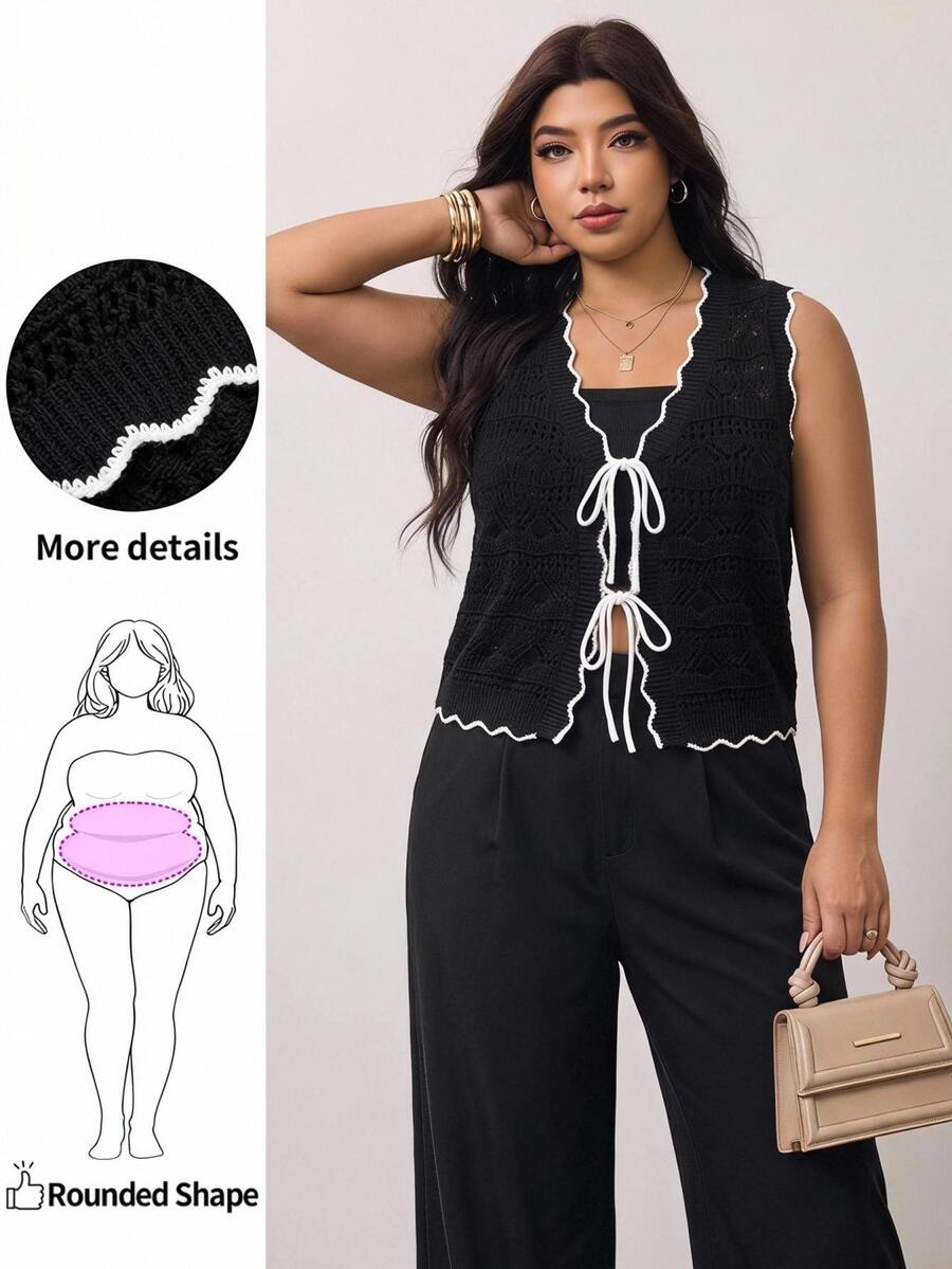 Enliva Plus Size Contrast Trim Tie Front Sleeveless Knit Cardigan Compatible With Apple Body Round Body - Black - View 1