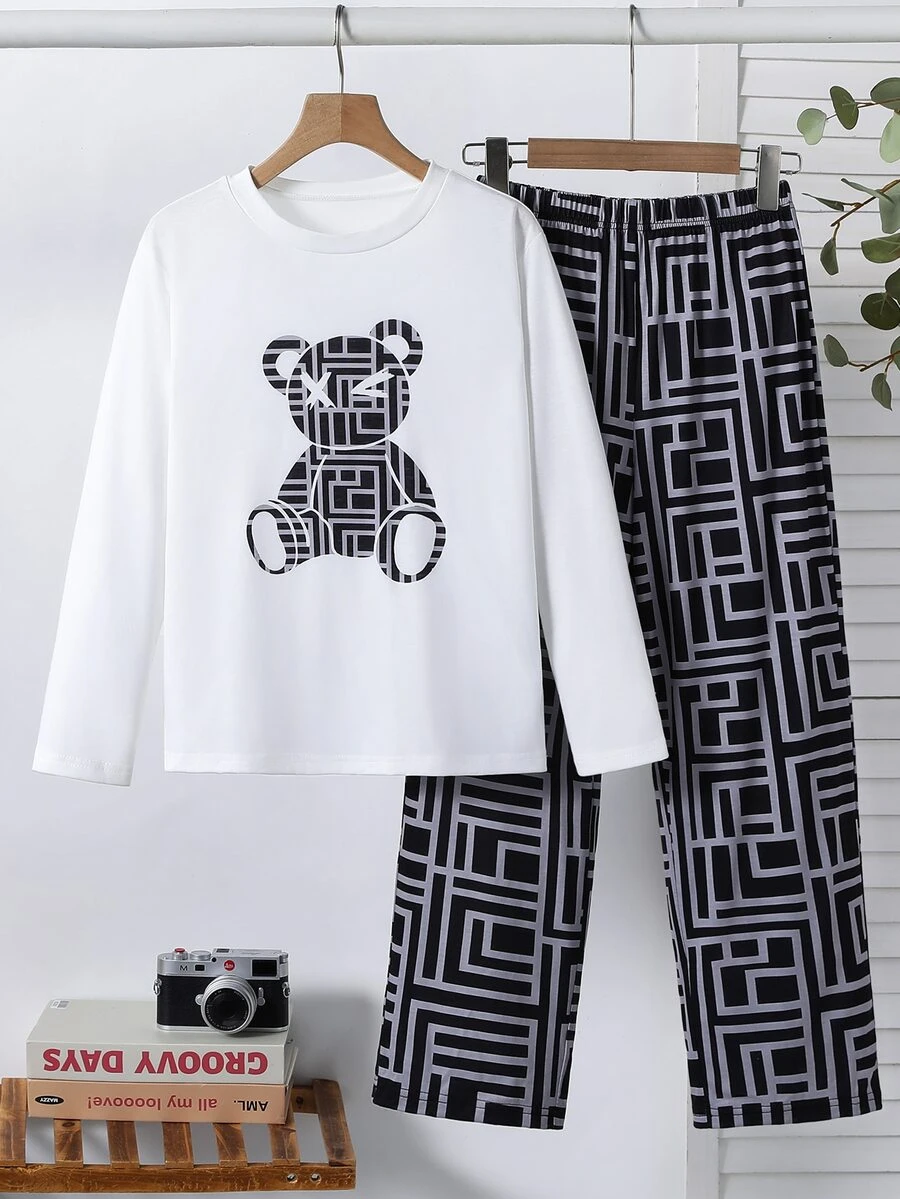 SHEIN Tween Boy Cartoon Bear Print Long Sleeve Top And Geometric Print Long Pants Loungewear Set - Multicolor - View 1