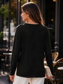 SHEIN LUNE ملابس الشارع للنساء ملابس علوية جاكار بأكمام طويلة وفتحات جانبية مزدوجة - الأسود - مشاهدة 2
