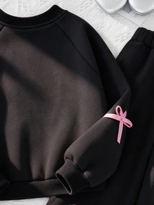 SHEIN 青少年女孩抓絨秋季套裝 2件/組圓領衛衣套裝，綠色與粉色，秋季，可愛，學校，假期穿搭 - 黑色 - 查看 3