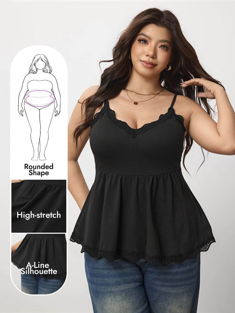 Enliva Plus Size Women's Elastic Lace-Trimmed Black Camisole Apple,Rounded Body - Black - View 1