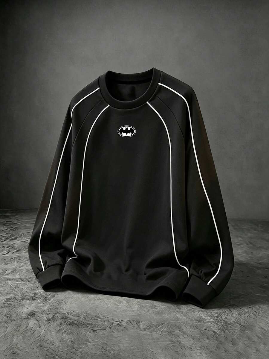BATMAN X SHEIN Gym Rark Men's Cartoon Print Raglan Long Sleeve Sports T-Shirt - Black - View 1
