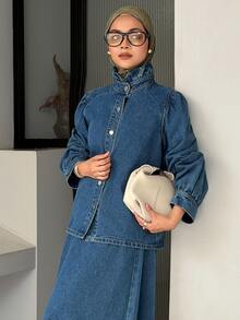 DAZY Women's Single-Breasted Petal Sleeve Jacket And Skirt Casual Denim Set - Blue - View 9