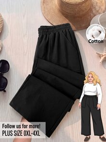 Rusticease Plus Size Women Solid Color Elastic Waist Pocket Casual Loose Long Pants - Brown - View 10