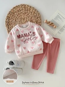 Cozy Pixies 男嬰休閒舒適日常百搭粉色愛心印花長袖上衣與長褲套裝 - 彩色 - 查看 4