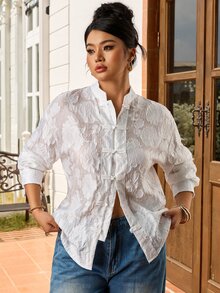EastFlair Plus Size Women's Elegant Long Sleeve Blouse With Floral Embroidery And Frog Button Placket - White - View 1