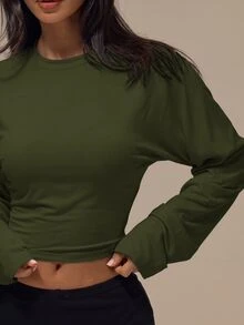 MUSERA ESSENTIALS 奶油色長袖收腰短版上衣，休閒基本款，適合城市度假，秋冬必備 - 軍綠色 - 查看 5