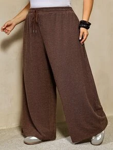 SHEIN CURVE+ Plus Size Women's Drawstring Waist Casual Versatile Everyday Travel Long Pants - Brown - View 6