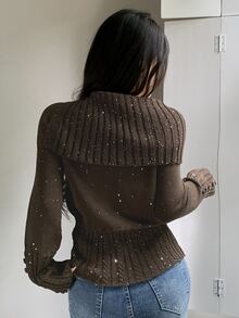 DAZY Women's Sequin Button Long Sleeve Vintage Sweater - Brown - View 2