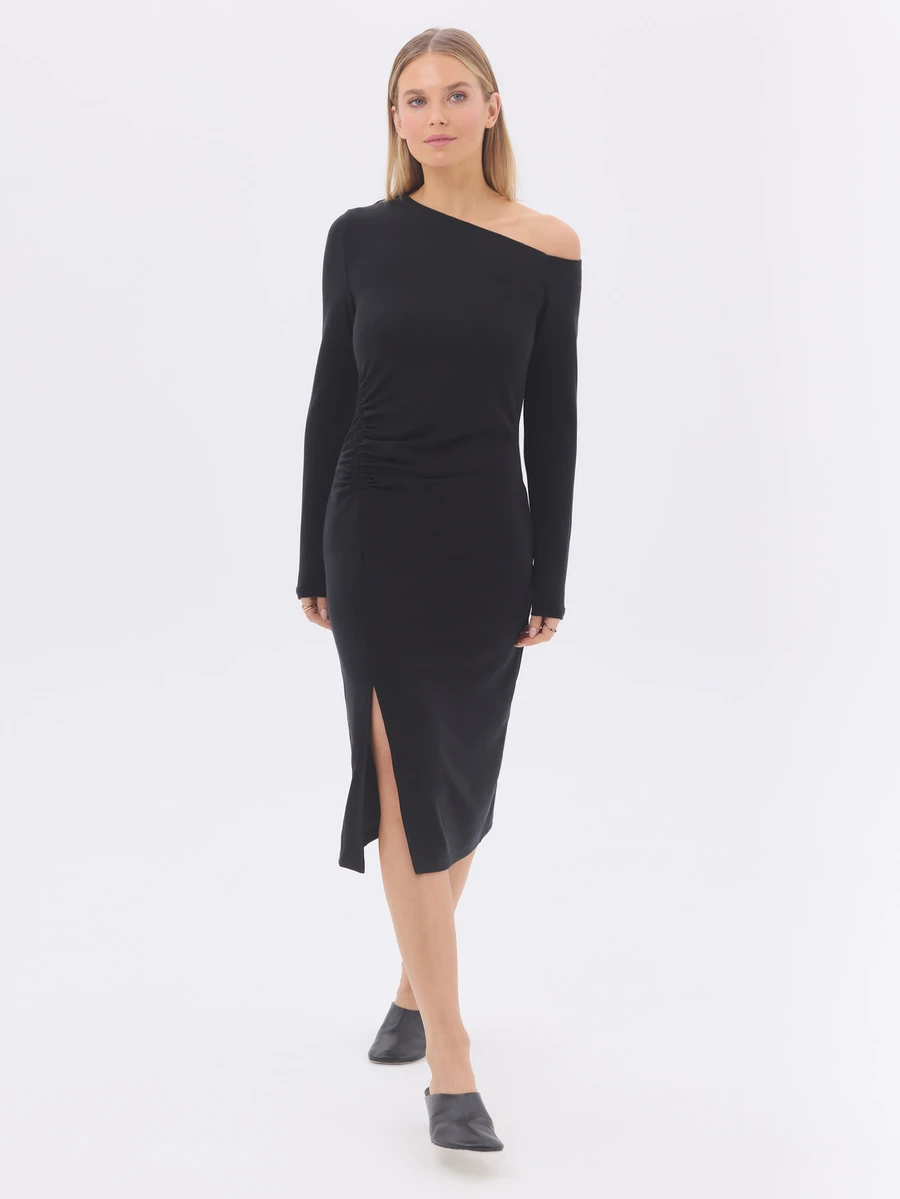 KÆRIA Hus Asymmetric Ruched Midi Dress - Lyocell-Blend Jersey - Black - Christmas Party, Evening, Bodycon - Black - View 1