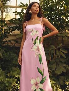 CAJUNI Long Cami Dress With Square Neckline, Delicate Summer Dress, Floral Print - Pink - View 1