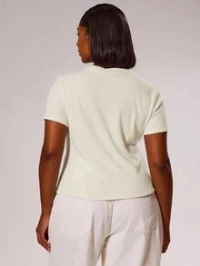 MUSERA Plus Size Button Down Fitted Short Sleeved Top Elegant Classy Vacation Holiday Cute Holiday Romantic 90's Y2k Spring Summer Casual Fall Autumn - Beige - View 2
