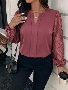 SHEIN Clasi 大尺碼女款缺口V領蕾絲拼接商務優雅襯衫 正式辦公穿搭 海軍藍 秋季 畢業季 適合母親 - 藕粉色 - 查看 5