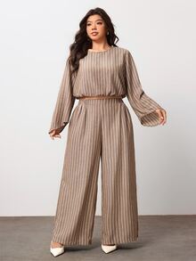 Enliva Plus Size Women's Striped Long-Sleeve Shirt And Pants Casual Two Pieces Set Pear Body,Triangle Body - Multicolor - View 5