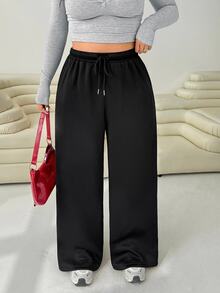 Solflare Plus Size Women's Drawstring Waist Solid Color Thermal Lined Sweatpants, Suitable For Autumn/Winter - Black - View 5