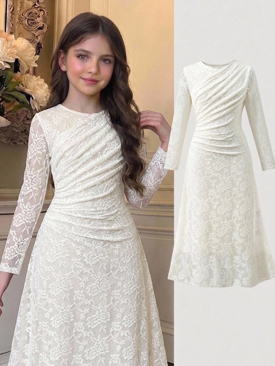 Tween Girl Girls Elegant Tween Girl Apricot Lace Knit Patchwork Long Ruched Fitted A-Line Dress, Party Dress For Autumn/Winter, Christmas And New Year - Apricot - View 1