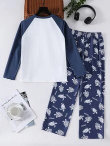 SHEIN 大童男孩海龜圖案長袖上衣與長褲休閒日常居家睡衣套裝 - 彩色 - 查看 2