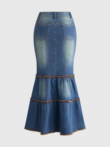 ROMWE Fairycore Women's Tie Design Ruched Fashion Versatile Mermaid Denim Skirt - Medium Wash - View 2
