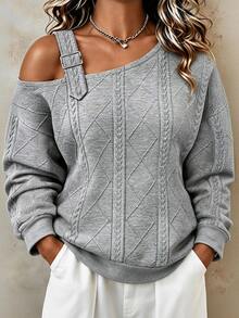 EMERY ROSE Women's Plus Size Textured Cold Shoulder Loose Casual Everyday Versatile Fashionable Home Commute Date Grey Sweatshirt, Autumn/Winter - Grey - View 1