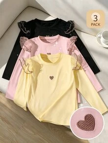 SHEIN 3件組女童秋冬荷葉袖針織刺繡愛心長袖T恤 開學季 黑色 嬰兒粉 白色 仙女風 - 彩色 - 查看 1