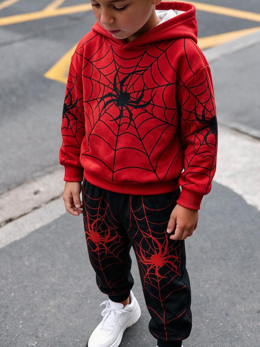 SHEIN 青少年男孩休閒極簡長袖連帽舒適衛衣2件套,適合秋冬,經典酷炫蜘蛛圖案印花,經典蜘蛛網圖案印花 - 彩色 - 查看 1