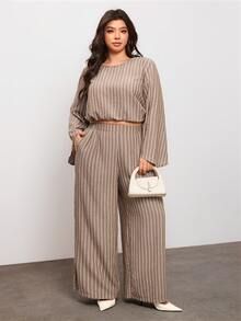Enliva Plus Size Women's Striped Long-Sleeve Shirt And Pants Casual Two Pieces Set Pear Body,Triangle Body - Multicolor - View 3