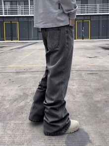 RivetRise 男士黑色喇叭口袋牛仔長褲，修身水洗工裝褲，冬季街頭風休閒長牛仔褲，適合丈夫男友禮物，都市風格 - 灰色 - 查看 2