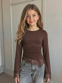 Tween女孩休閒優雅針織純色棕色圓領不對稱設計袖口蕾絲飾邊修身T恤 - 棕色 - 查看 2