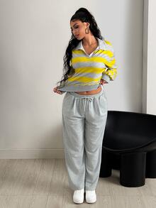 Dewbera Dewbera Yellow Striped Knit Polo Collar Casual Loose 2 Pieces Set - Grey - View 5