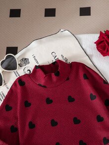 SHEIN 女童休閒兩件式T恤與長褲套裝，春秋冬季款，不對稱套頭高領深棕色針織羅紋刷毛布料，附極地絨袖子拼接長袖上衣與極地絨褲腳拼接休閒喇叭褲，適合返校、日常穿著、學校、外出、旅行與派對 - 酒紅色 - 查看 4