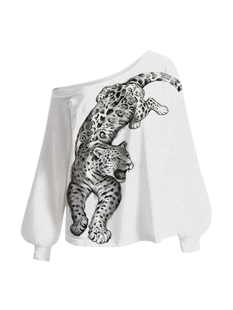ROMWE Avant Tiger Punk Leopard Y2K Dark Mysterious Hot Girl Asymmetrical Shoulder Women's Sweatshirt - Grey - View 1
