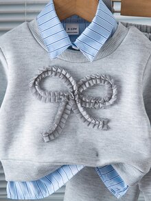 Baby Girl Bow Pattern Contrast Color Long Sleeve Sweatshirt And Pants Set - Light Grey - View 5