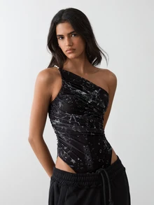 BAD SUNDAY Women's All-Season Asymmetrical Shoulder Metal Print Metal Buckle Mesh Fitted Bodysuit, Y2K Retro Hot Girl Style - Black - View 7
