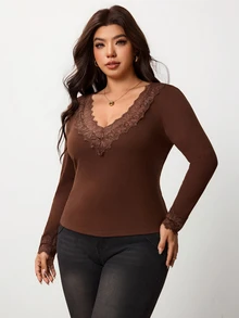 Enliva Plus Size Lace Trim V Neck Fitted Long Sleeve Top For Hourglass Body - Brown - View 3