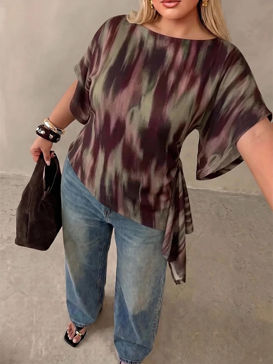 Auralis Plus Size Women's Abstract Tie-Dye Pleated Casual Versatile Daily T-Shirt (Suitable For Spring And Autumn) - Multicolor - View 1