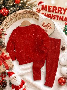 SHEIN 聖誕新年紅色亮片圓點、甜美復古女孩手寫「Holly Jolly」字母，女嬰休閒舒適抓絨內裡寬鬆圓領衛衣與運動褲2件套，適合秋冬日常穿著，慵懶隨性復古聖誕，限量節日禮物，快樂假期姐妹裝，舒適氛圍 - 彩色 - 查看 4